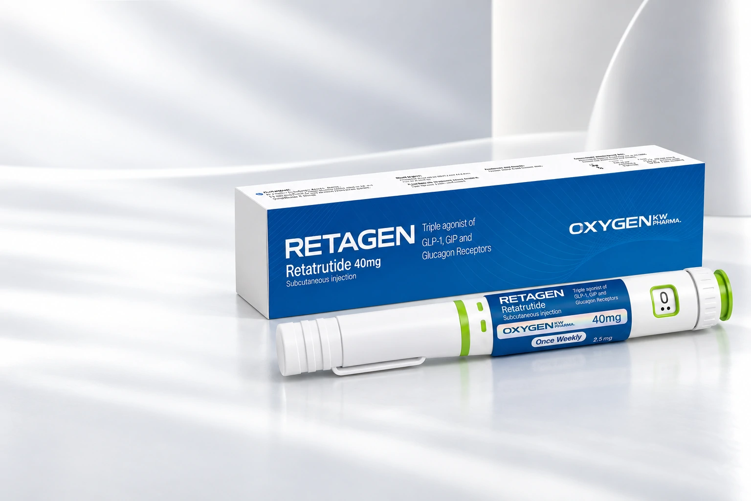 RETAGEN carton and matching pen in a softly lit white studio